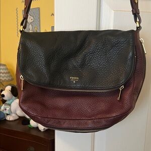 Fossil Black and Burgundy Leather Shoulder Bag
